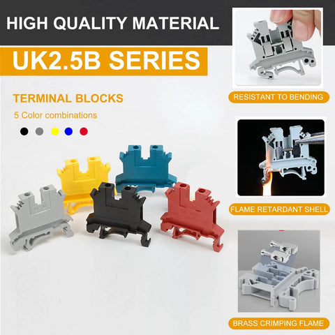 DIN Rail Terminal Block Kit Set With 20 UK2.5B 12 AWG Terminal Blocks 20A 600V Ground Blocks Jumpers End Covers End Brackets Marker Strips And Rail Mount Bundle For Quick Electrical Wiring featuring colorful terminal blocks.