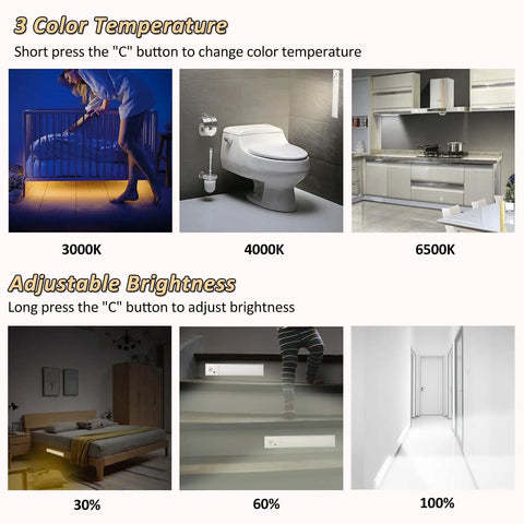 16 Inch Motion Sensor LED Under Cabinet Lights 3 Pack showing color temperatures from 3000K to 6500K and adjustable brightness