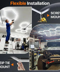 Hexagon Garage Light 168W 5 Grid LED Panel 6500K Cool White installed in garage with flexible screw and zip tie mounts