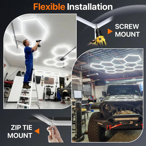 Eight Grid Honeycomb Hexagon LED Garage Light 245W Ultra Bright 6500K Cool White installation options shown in garage