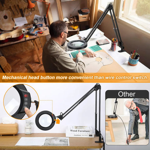 Man using Big 8X Magnifying Glass With Light And Stand Clamp On LED Desk Lamp Arm for detailed drawing work