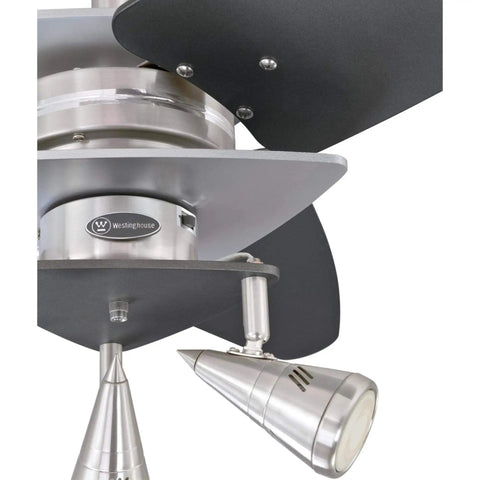 Close-up of Vector Elite 42 Inch Three Blade Ceiling Fan With LED Light Kit, brushed nickel finish, graphite accents, reversible blades.