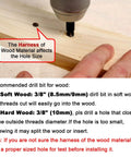 Drill creating hole in wood with guidance on how wood hardness affects hole size for soft and hard wood inserts.