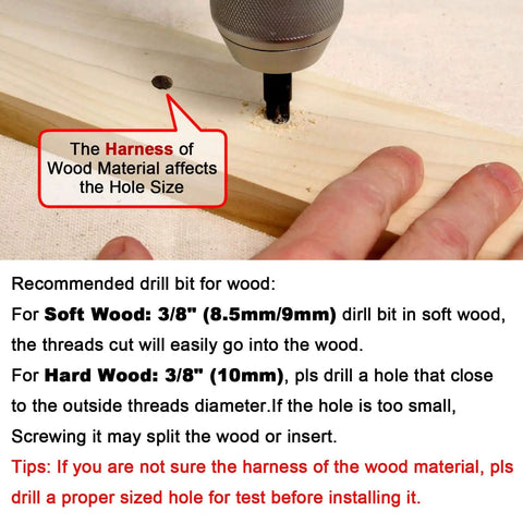 Drill creating hole in wood with guidance on how wood hardness affects hole size for soft and hard wood inserts.