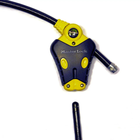 Close-up of Two 6 Ft Python Adjustable Cable Locks Keyed Alike Set with yellow and black locking head