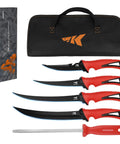 Intimidator Bait Knife And Filet Set With Ultra Sharp G4116 German Stainless Steel Blades shown with case and honing rod