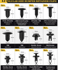 12 popular size bumper retainer clips for Ford, Chrysler, GM, Honda, and Acura, varying sizes and OEM numbers.