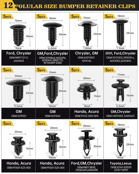 12 popular size bumper retainer clips for Ford, Chrysler, GM, Honda, and Acura, varying sizes and OEM numbers.