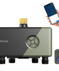 WiFi Water Timer With 4 Outlets For Sprinkler, Hose, And Tap, Alexa And Google Assistant Compatible, shown with smartphone app