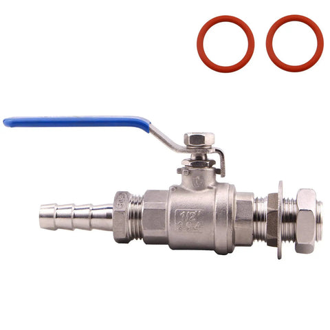 Side view of Two Pack Half Inch Weldless Stainless Steel Ball Valve Bulkhead For Home Brew Kettle 304 Stainless with red seals