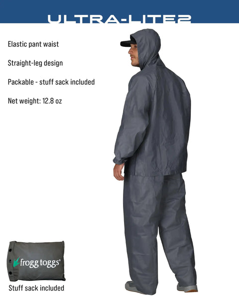 Back view of Ultra Lite2 Waterproof Breathable Rain Suit With Jacket And Pants, stuff sack visible, ready for outdoor use
