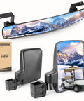 No Drilling Golf Cart Mirror Kit With 180 Degree Rotation Foldable HD Shatterproof Glass, side and rear view, with packaging