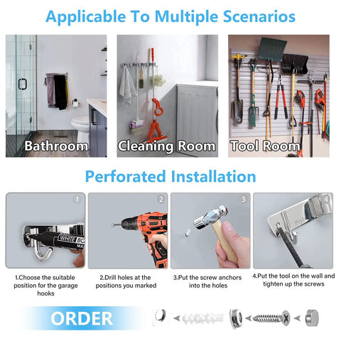 Image showing Heavy Duty Wall Mount Broom Holder And Tool Organizer Set With 3 Racks And 4 Hooks Metal Garage Storage installation guide