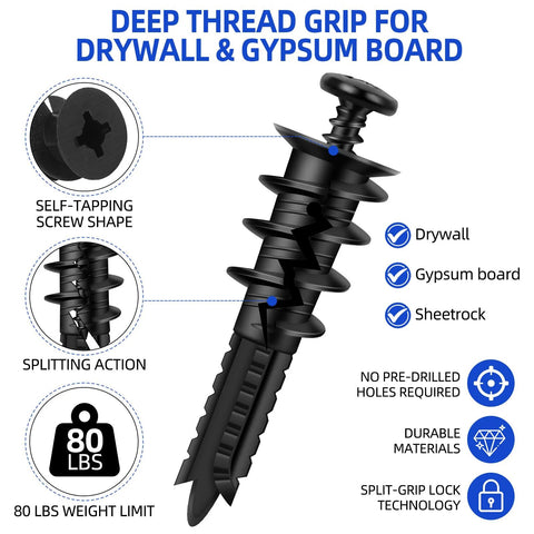 Self Drilling Size Eight Drywall Anchors And Screws Set, Heavy Duty Nylon And Glass Fiber Construction, 80 Lbs Load Capacity
