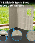 8x10 Ft Plastic Storage Shed With Floor showing close-up of DIY Kick-It installation with reduced screws setup in lawn