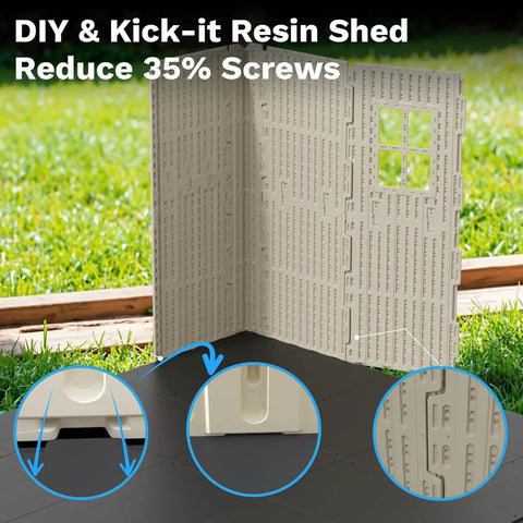 8x10 Ft Plastic Storage Shed With Floor showing close-up of DIY Kick-It installation with reduced screws setup in lawn