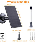 2W Solar Panel For Rechargeable Battery Security Cameras With Micro USB And USB C Ports 360 Degree Adjustable Mount Black 2 Pack