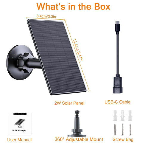 2W Solar Panel For Rechargeable Battery Security Cameras With Micro USB And USB C Ports 360 Degree Adjustable Mount Black 2 Pack