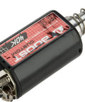 Custom Boosted High Torque Aeg Airsoft Motor With Long Axle And 40k Rpm Rating, showing 40k RPM motor with CNC aluminum housing and steel gears.
