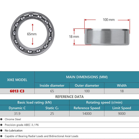 XiKe 6013-C3 deep groove ball bearing, 65x100x18 mm, open, pack of 1