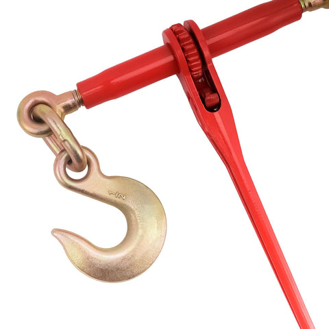 3/8 To 1/2 Inch Drop Forged Ratchet Load Binder with 3/8 Grab Hook and 1/2 Slip Hook, G70 Grade, close-up of red ratchet mechanism