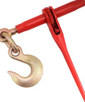 Close-up of Beefed Up Heavy Duty Ratchet Load Binder Set 5/16 to 3/8 Inch Chains 5400 Lbs with red handle and grappling hook.