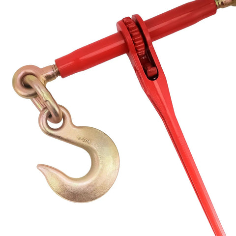 Close-up of Beefed Up Heavy Duty Ratchet Load Binder Set 5/16 to 3/8 Inch Chains 5400 Lbs with red handle and grappling hook.