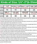 Chart detailing sizes and quantities for 210 Piece Stainless Steel Worm Gear Hose Clamp Set With Sizes From One Quarter Inch To Two Inches 6mm To 51mm Heavy Duty Clips For Auto Marine And DIY Plumbing Projects.