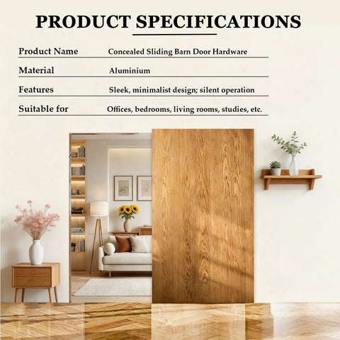 38 Inch Concealed Barn Door Hardware Kit shown in a modern setting, featuring a sleek wooden door and minimalistic design.