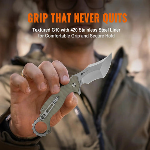 Man holding EDC Pocket Knife With 2.97 Inch 14C28N Blade, G10 Handle, liner lock, in a camping setting.
