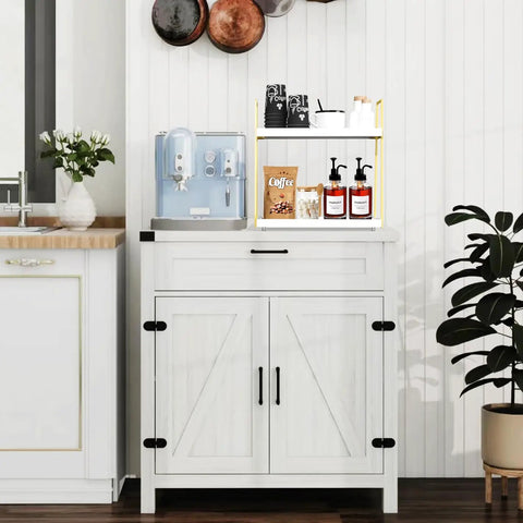 Two Tier Wooden Coffee Bar Organizer For Countertop And Corner Spaces on cabinet, holding coffee mugs and syrups.