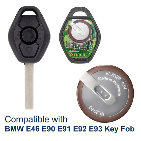 BMW 3 Series Key Fob Battery Replacement Li Ion 3V Rechargeable VL2020 for E46 E90 E91 E92 E93 with Key and Battery Close-up