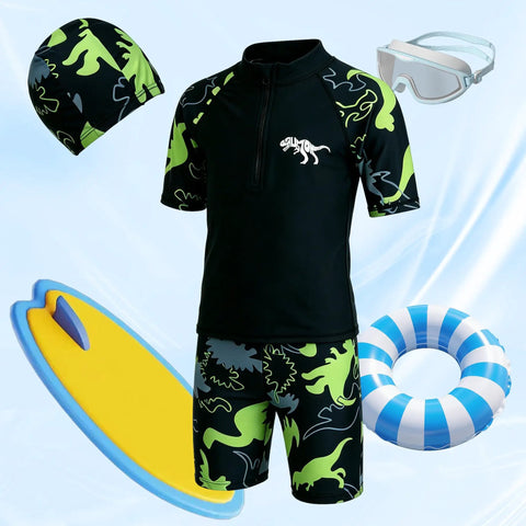 Boys Swim Set With UPF50 Long Sleeve Zip Rash Guard And Quick Dry Trunks 4 Way Stretch Beachwear For Swim Lessons Water Park And Beach Ages 4 To 12 Black displayed with floaties and goggles.