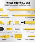 Components of 4 Ton Hydraulic Porta Power Kit Pusher Puller Ram Jack For Auto Body Frame Repair Tool with extension tubes and heads.