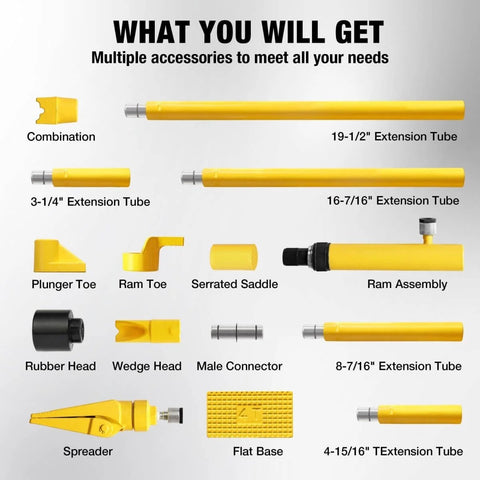 Components of 4 Ton Hydraulic Porta Power Kit Pusher Puller Ram Jack For Auto Body Frame Repair Tool with extension tubes and heads.