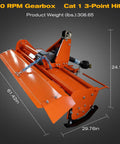 53 Inch Rotary Tiller Attachment For 3 Point Cat 1 Tractors, 540 RPM PTO Driven, side view showing dimensions