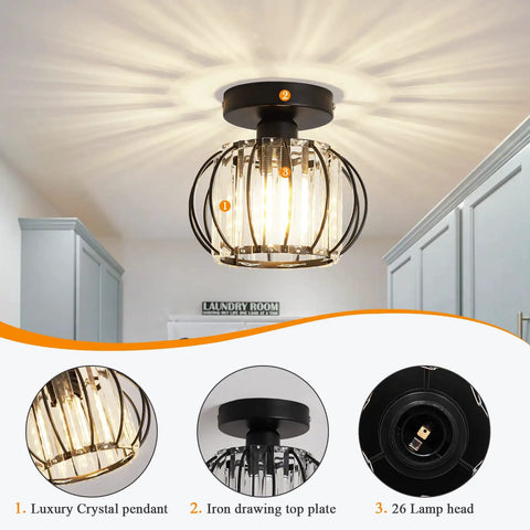 Two Pack Semi Flush Mount Ceiling Light Fixture With Lit Crystal Chandelier Style Modern Mini Indoor Ceiling Lamp for Hallway