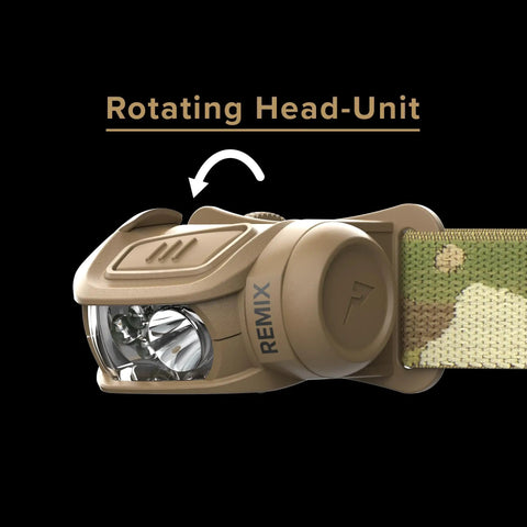 Remix LED Headlamp With 450 Lumens Multicam Camo Finish Red LEDs For Night Vision IPX4 Water Resistant rotatable head-unit angle.