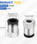 Five Pack Push To Connect Fittings For Pneumatic Systems One Half Inch Tube One Eighth NPT Nickel Plated Brass Straight Female Adapter Air Line Quick Connects Black Easy Install Beefy Build with dimensions.