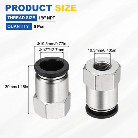 Five Pack Push To Connect Fittings For Pneumatic Systems One Half Inch Tube One Eighth NPT Nickel Plated Brass Straight Female Adapter Air Line Quick Connects Black Easy Install Beefy Build with dimensions.