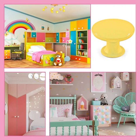 Bright Yellow Metal Cabinet Knobs Pack Of Ten Round Drawer Pulls For Dressers And Cupboards on colorful kids room furniture.