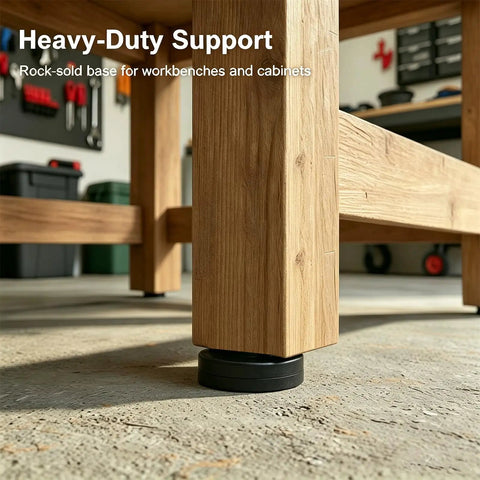 Close-up of a wooden workbench leg with 4 Pack Heavy-Duty Furniture Leveling Feet 3/8-16 UNC Thread Adjustable Leg Levelers.