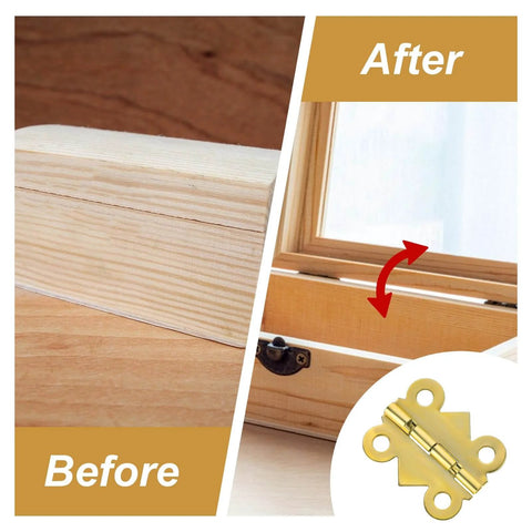 Before and after using Stainless Steel Tiny Box Hinges 15 Piece Set With 60 Screws Vintage Gold Folding Cabinet Hinges