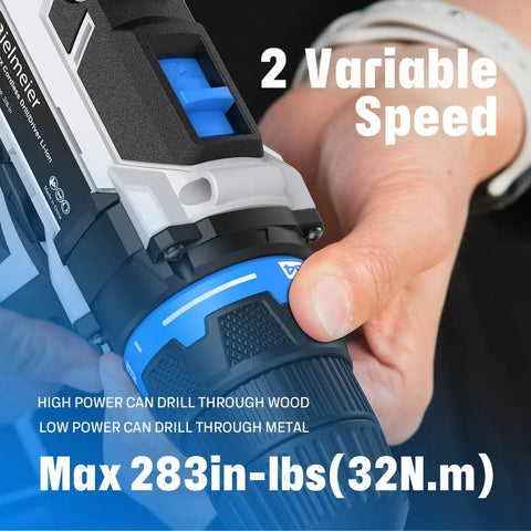 Close-up of Beast Of A 20V Max Cordless Drill with variable speed settings and focus on hand gripping the handle