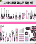 Pink 20V Cordless Drill Kit With 236 Piece Home Tool Set And Pink Carry Bag For Women Handy DIY Electric Screwdriver