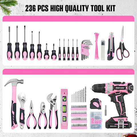 Pink 20V Cordless Drill Kit With 236 Piece Home Tool Set And Pink Carry Bag For Women Handy DIY Electric Screwdriver