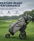 Lightweight Three Wheel Golf Push Cart With Quick Fold Frame Wide Eva Wheels For Slick Fairway Cruising in rain.
