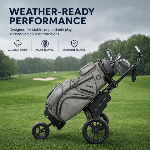 Lightweight Three Wheel Golf Push Cart With Quick Fold Frame Wide Eva Wheels For Slick Fairway Cruising in rain.