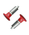 Top Shelf Heavy Duty Spring Loaded Pull Pin Featuring Smooth Glide Red T Handle And Extended Black Tie Rod Knob Built Like A Tank With Welded Steel Barrel Half Inch Plunger Diameter Perfect For Chassis Pipe Connectors No Sweat Swapping Included, showing two heavy-duty steel pull pins with red handles.