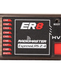 Front view of ExpressLRS ER8 2.4GHz 8 Channel PWM Receiver with Telemetry for FPV Drones Airplanes and Gliders with labeled channels